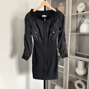 HERVE LEGER Black Off The Shoulders Zip Front Bandage Mini Dress XS Long Sleeve